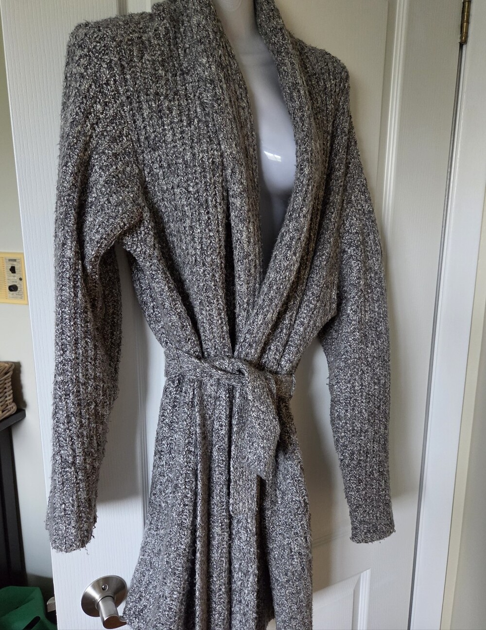 Cozy Shawl Collar Belted Cardigan Sweater - Gray